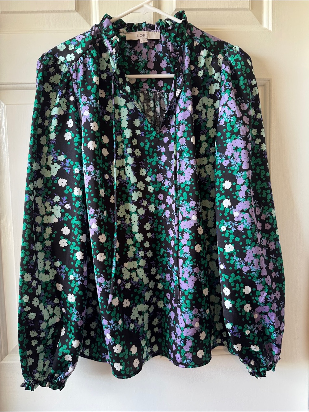 LOFT Black Floral Ruffle Tie-Neck Blouse with Green & Lavender Print